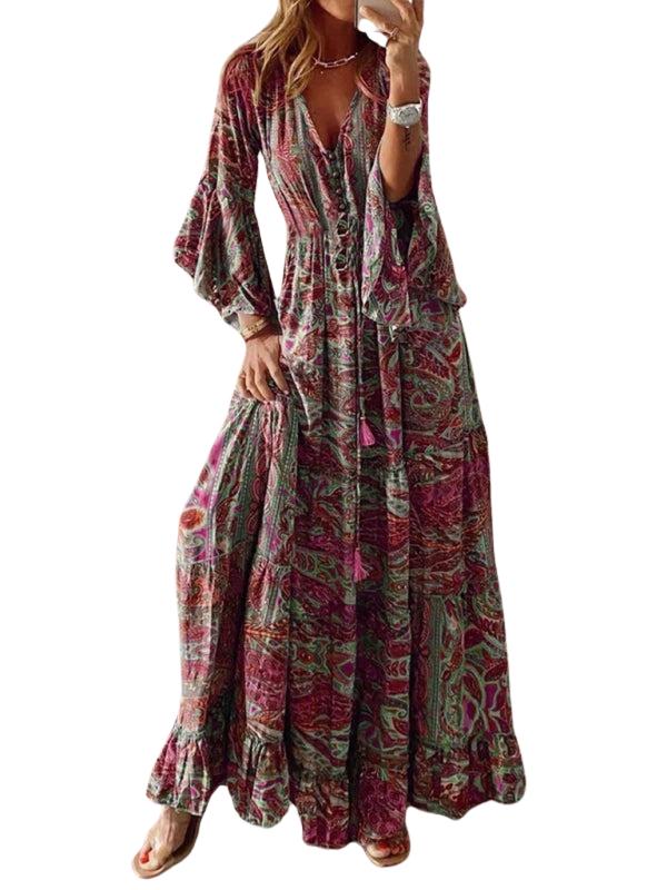SHOPIQAT Bohemian Style Trumpet Sleeve Printed V-Neck High Waist Holiday Dress Floral Female Long Skirt - Premium from shopiqat - Just $11.150! Shop now at shopiqat